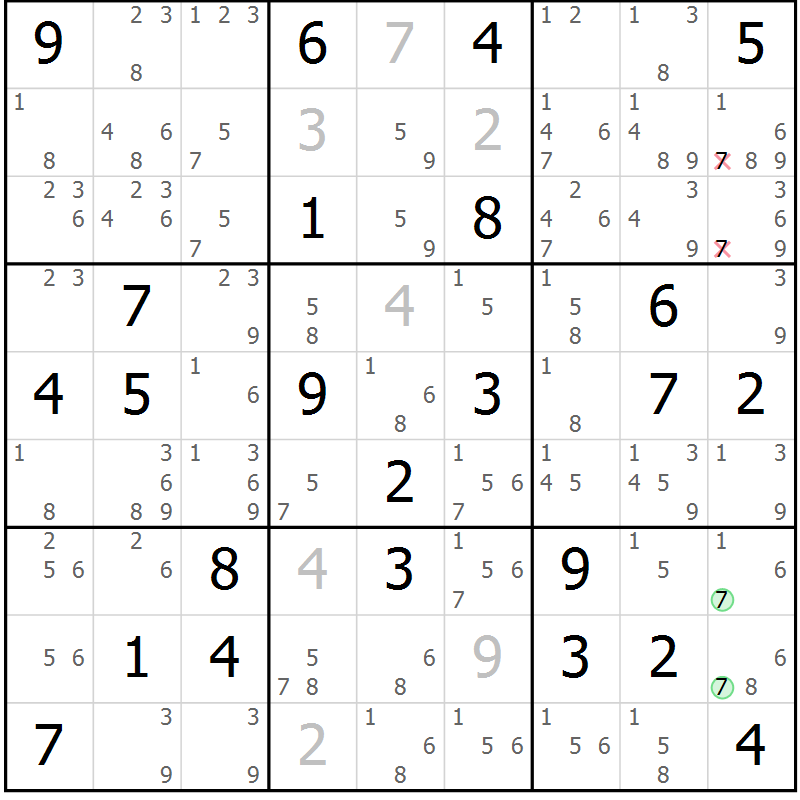 Position des candidats pour la solution de la Gr 69 page 72 du magazine de sudoku Maestro n° 099