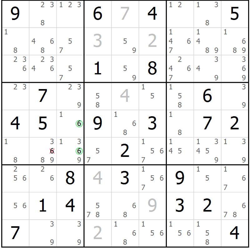 Position des candidats pour la solution de la Gr 69 page 72 du magazine de sudoku Maestro n° 099