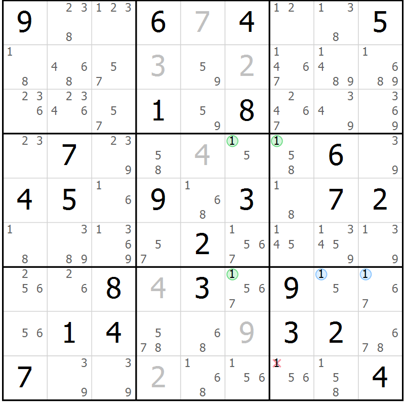 Position des candidats pour la solution de la Gr 69 page 72 du magazine de sudoku Maestro n° 099