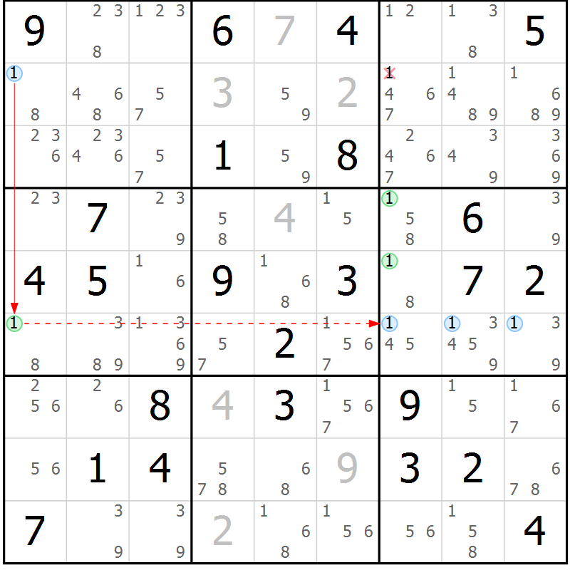 Position des candidats pour la solution de la Gr 69 page 72 du magazine de sudoku Maestro n° 099