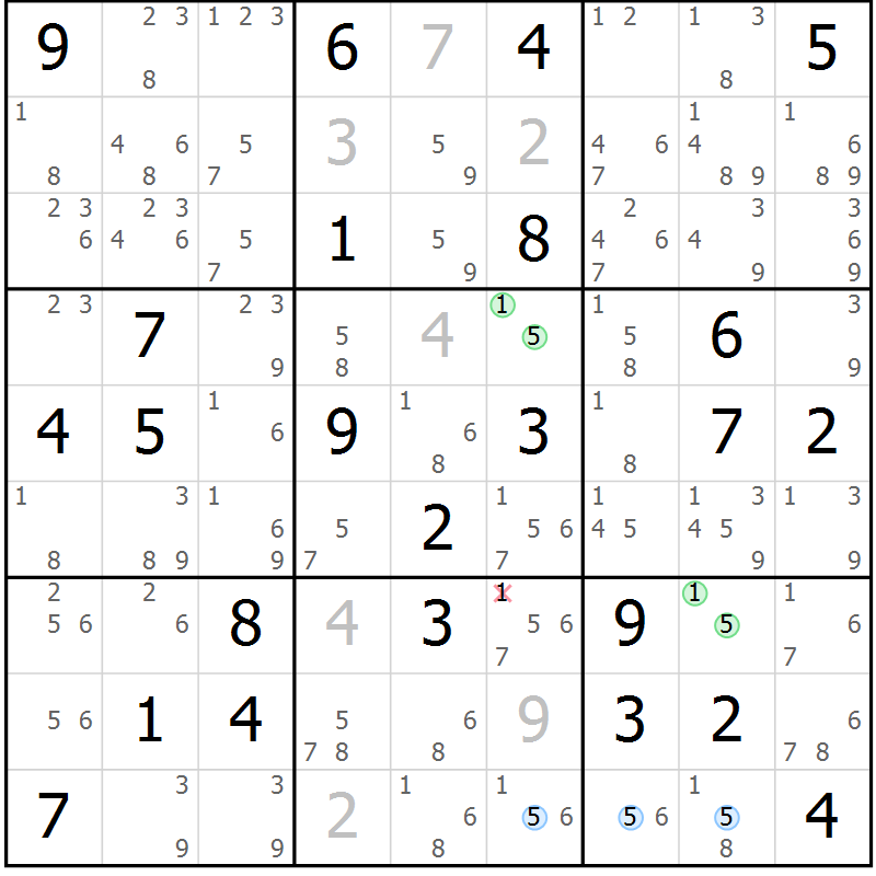 Position des candidats pour la solution de la Gr 69 page 72 du magazine de sudoku Maestro n° 099