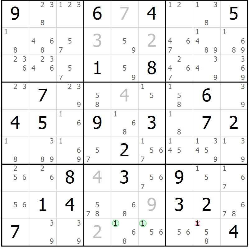 Position des candidats pour la solution de la Gr 69 page 72 du magazine de sudoku Maestro n° 099