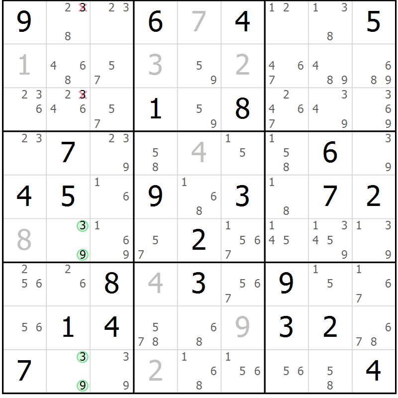 Position des candidats pour la solution de la Gr 69 page 72 du magazine de sudoku Maestro n° 099