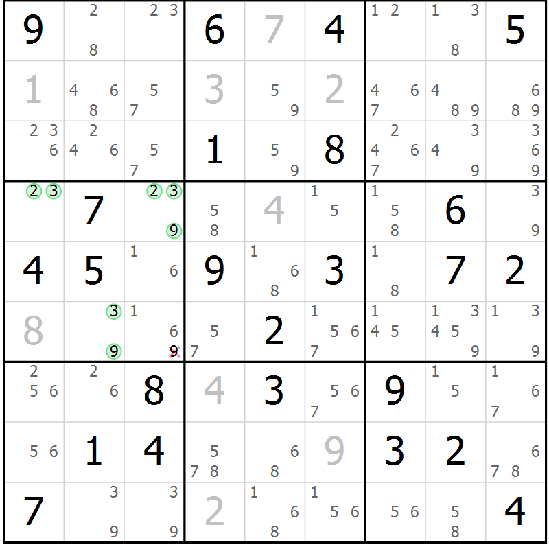 Position des candidats pour la solution de la Gr 69 page 72 du magazine de sudoku Maestro n° 099