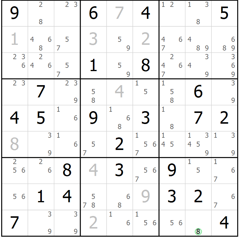 Position des candidats pour la solution de la Gr 69 page 72 du magazine de sudoku Maestro n° 099