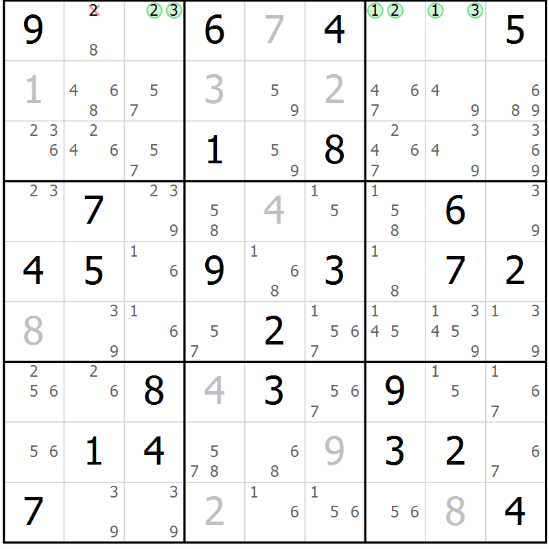 Position des candidats pour la solution de la Gr 69 page 72 du magazine de sudoku Maestro n° 099