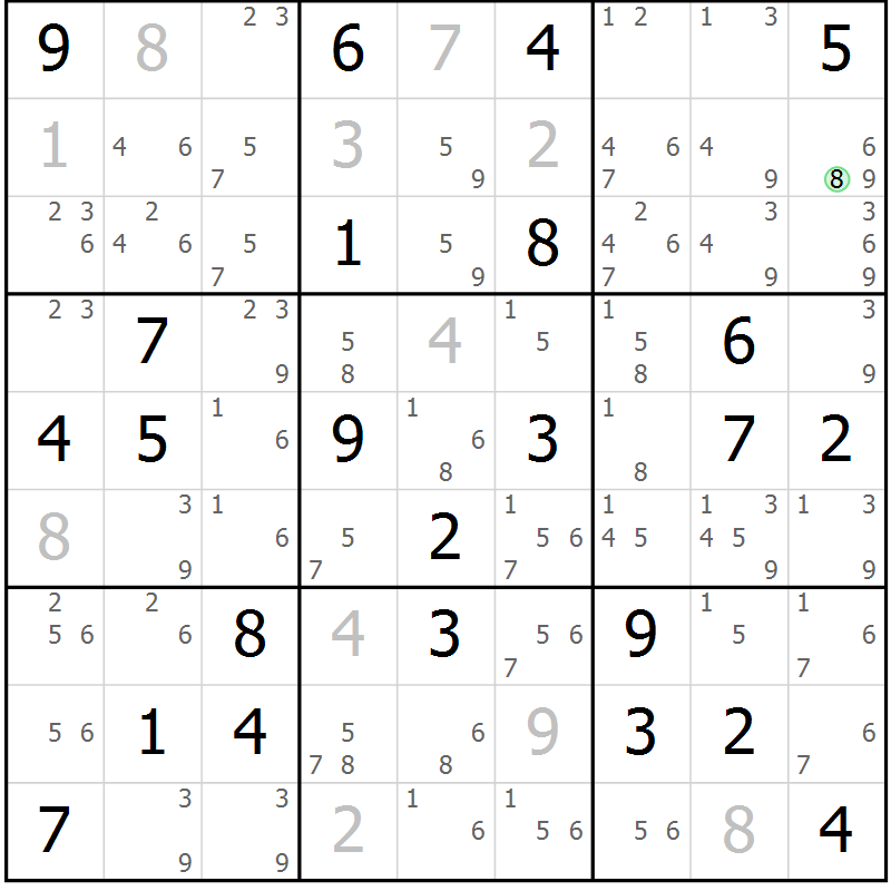 Position des candidats pour la solution de la Gr 69 page 72 du magazine de sudoku Maestro n° 099