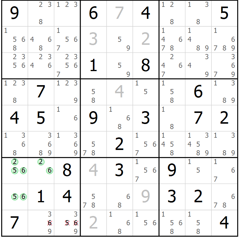 Position des candidats pour la solution de la Gr 69 page 72 du magazine de sudoku Maestro n° 099