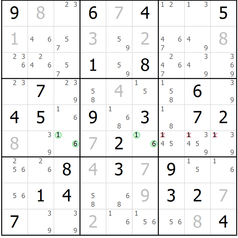 Position des candidats pour la solution de la Gr 69 page 72 du magazine de sudoku Maestro n° 099