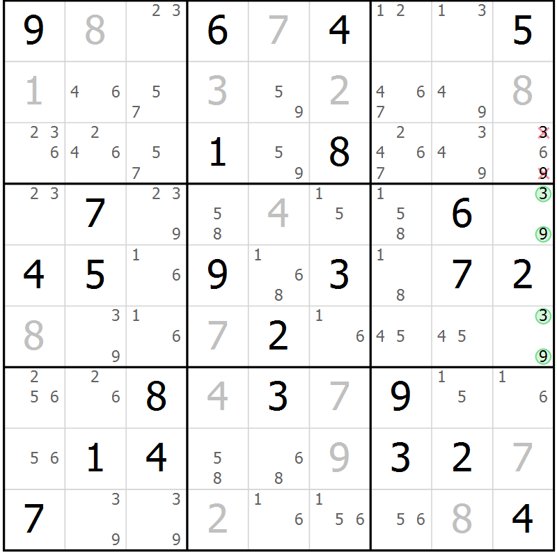 Position des candidats pour la solution de la Gr 69 page 72 du magazine de sudoku Maestro n° 099