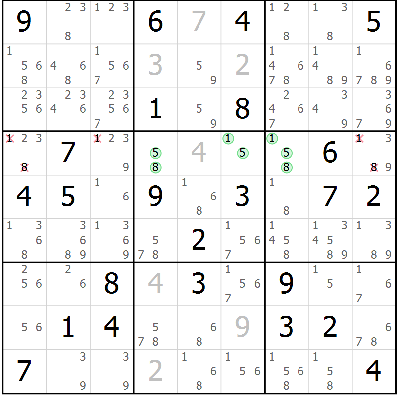 Position des candidats pour la solution de la Gr 69 page 72 du magazine de sudoku Maestro n° 099