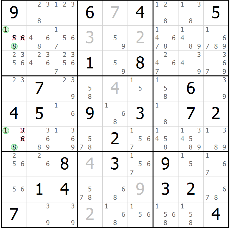 Position des candidats pour la solution de la Gr 69 page 72 du magazine de sudoku Maestro n° 099