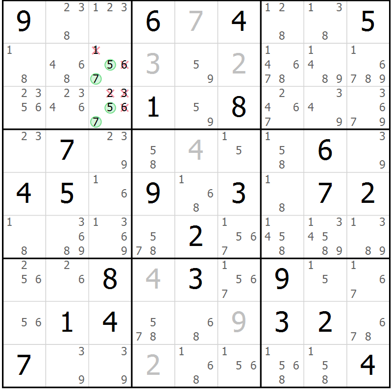Position des candidats pour la solution de la Gr 69 page 72 du magazine de sudoku Maestro n° 099