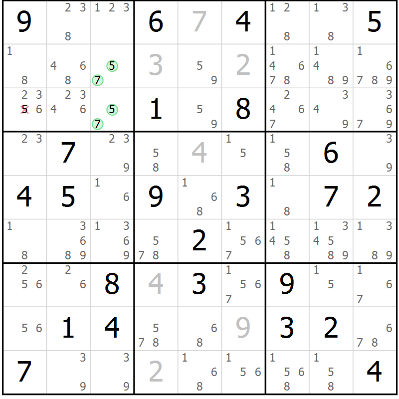 Position des candidats pour la solution de la Gr 69 page 72 du magazine de sudoku Maestro n° 099