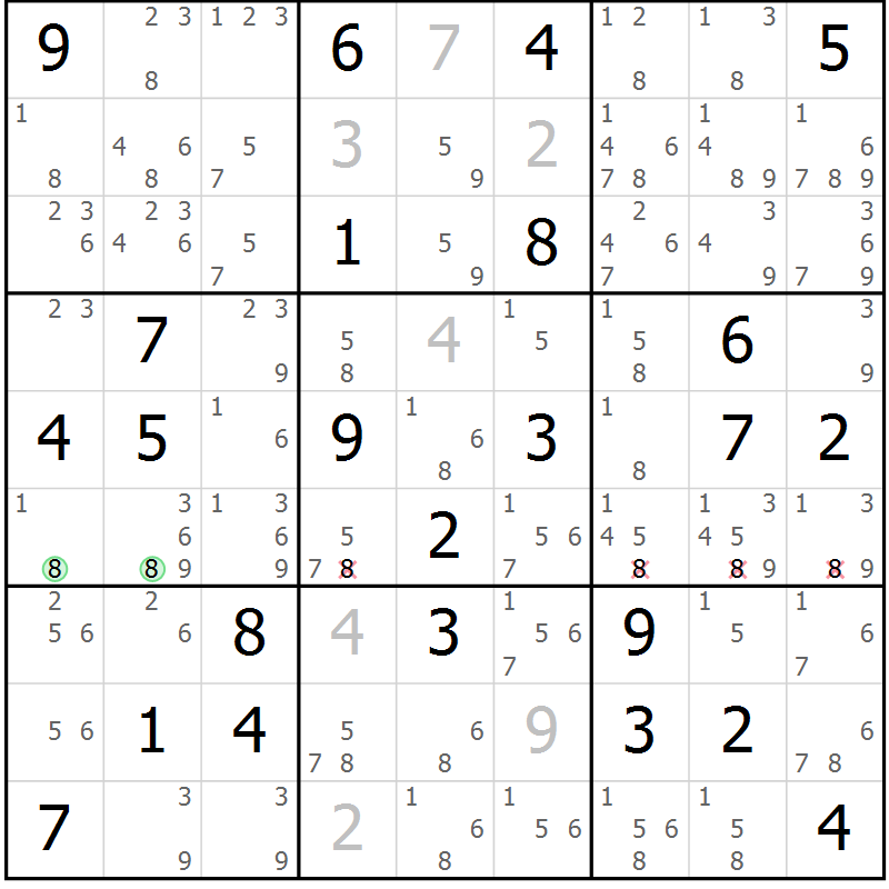 Position des candidats pour la solution de la Gr 69 page 72 du magazine de sudoku Maestro n° 099