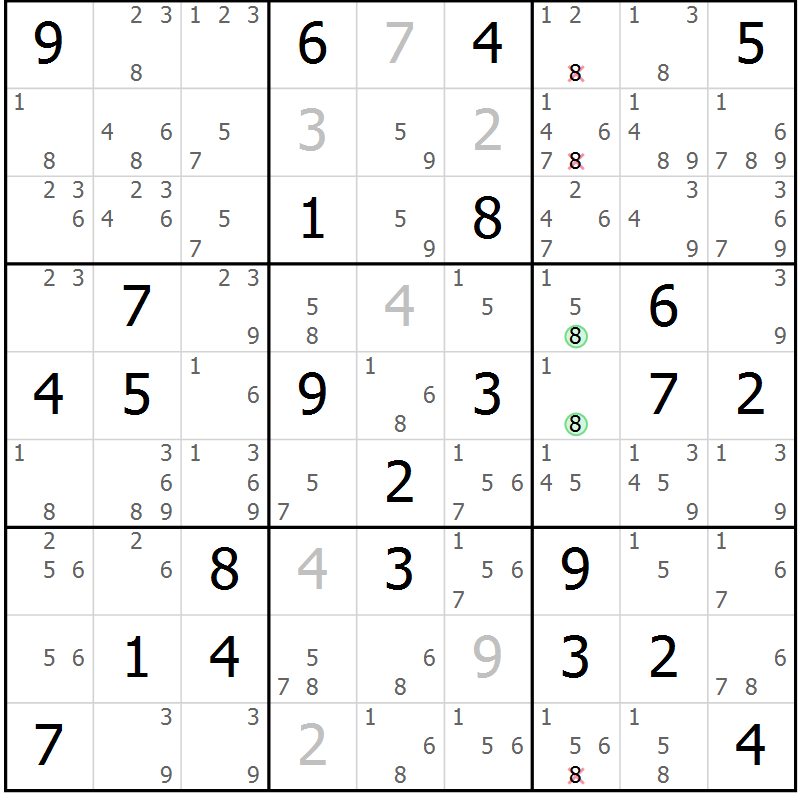 Position des candidats pour la solution de la Gr 69 page 72 du magazine de sudoku Maestro n° 099