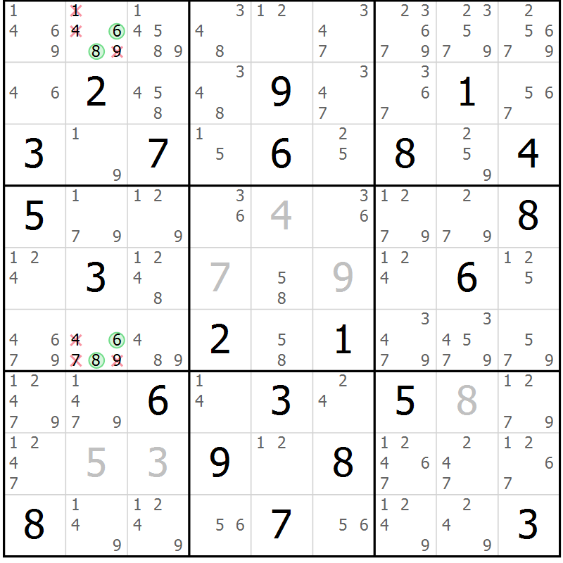 Position des candidats pour la solution de la Gr 7 page 10 du magazine de sudoku Maestro n° 099