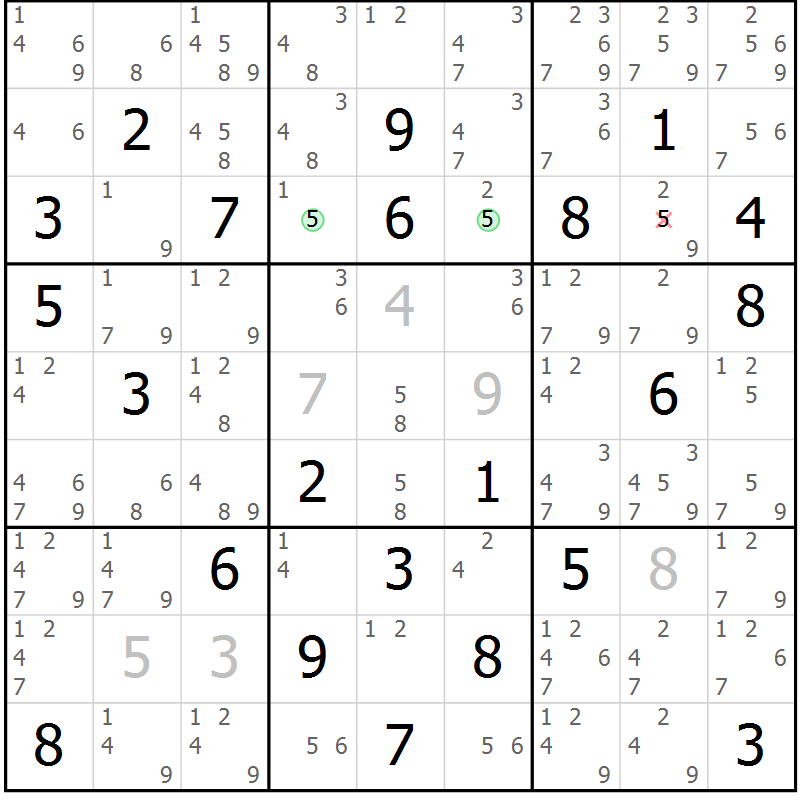 Position des candidats pour la solution de la Gr 7 page 10 du magazine de sudoku Maestro n° 099