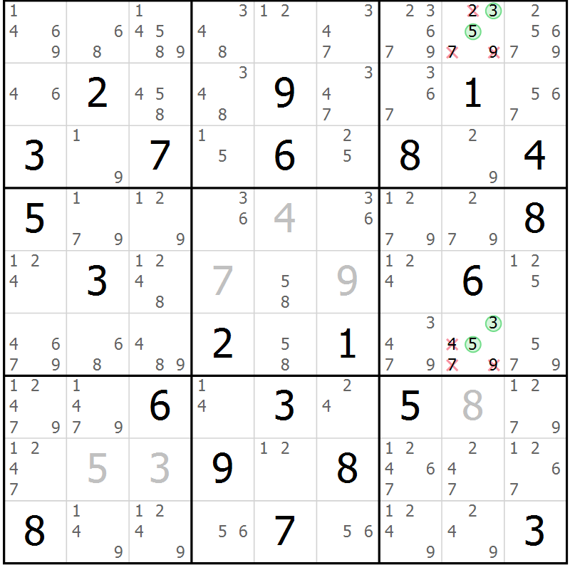 Position des candidats pour la solution de la Gr 7 page 10 du magazine de sudoku Maestro n° 099
