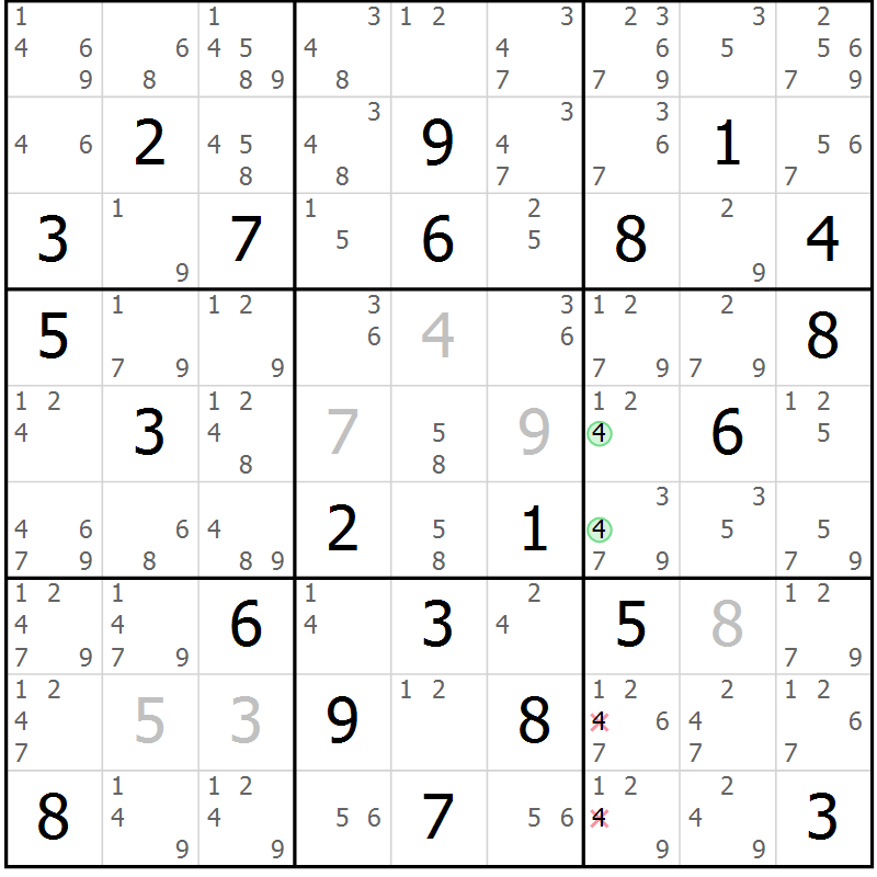 Position des candidats pour la solution de la Gr 7 page 10 du magazine de sudoku Maestro n° 099