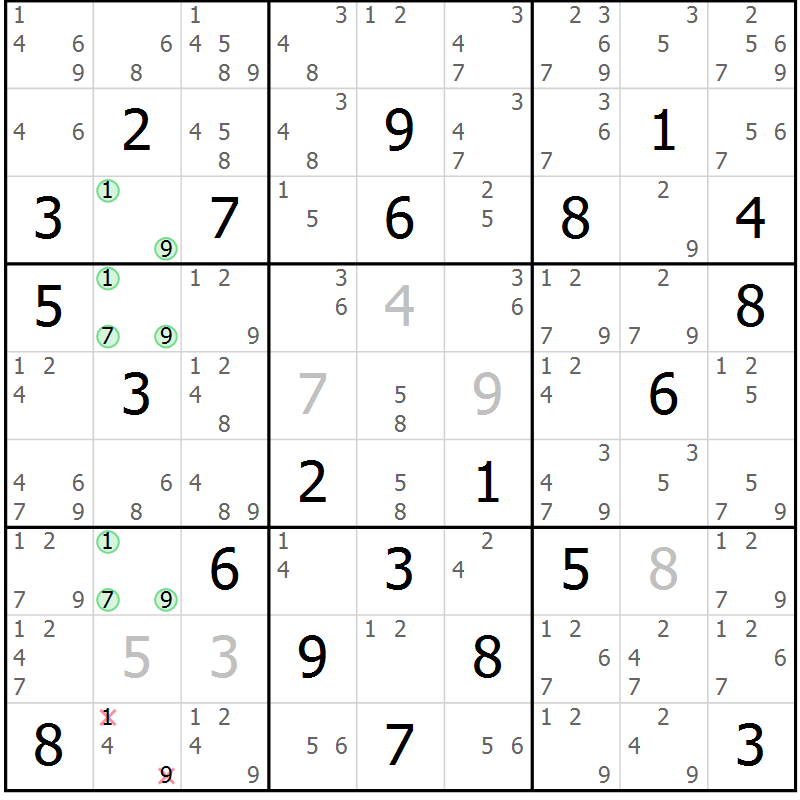 Position des candidats pour la solution de la Gr 7 page 10 du magazine de sudoku Maestro n° 099