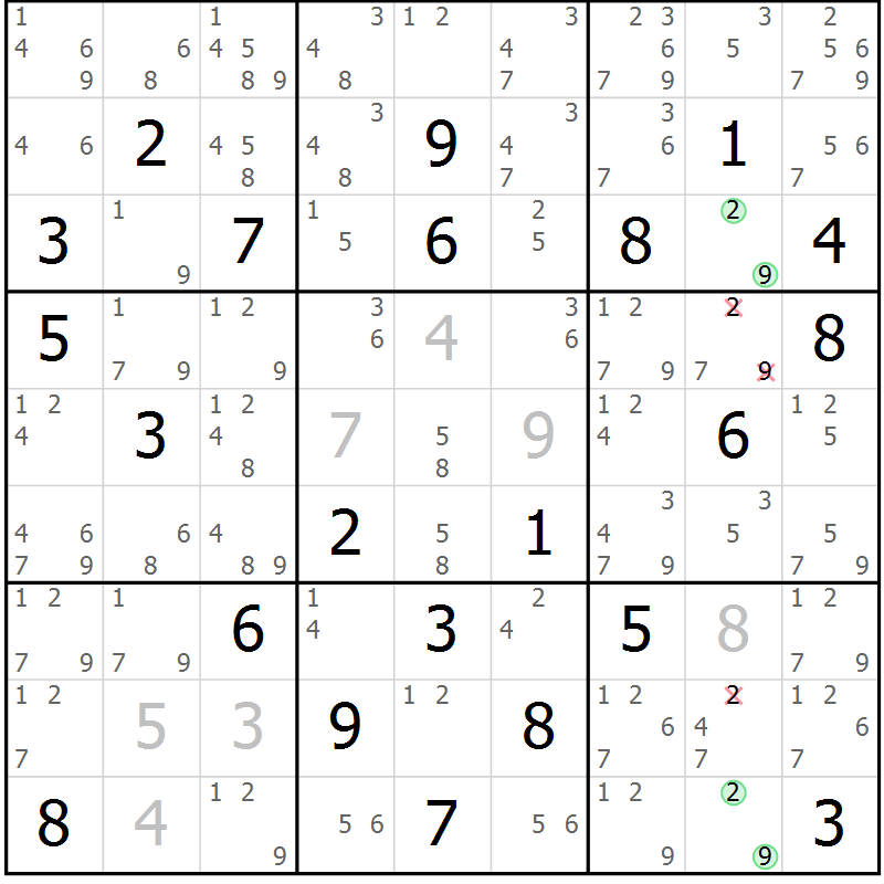 Position des candidats pour la solution de la Gr 7 page 10 du magazine de sudoku Maestro n° 099
