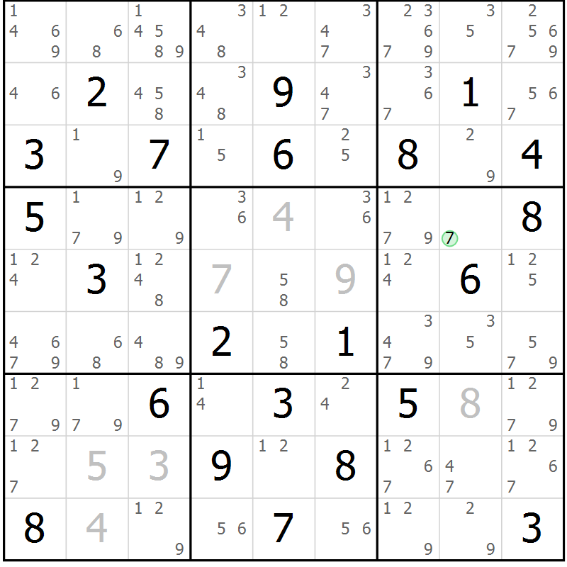 Position des candidats pour la solution de la Gr 7 page 10 du magazine de sudoku Maestro n° 099