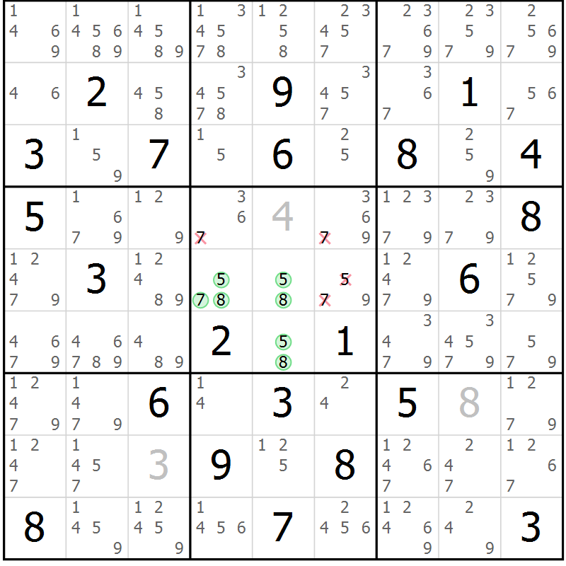 Position des candidats pour la solution de la Gr 7 page 10 du magazine de sudoku Maestro n° 099