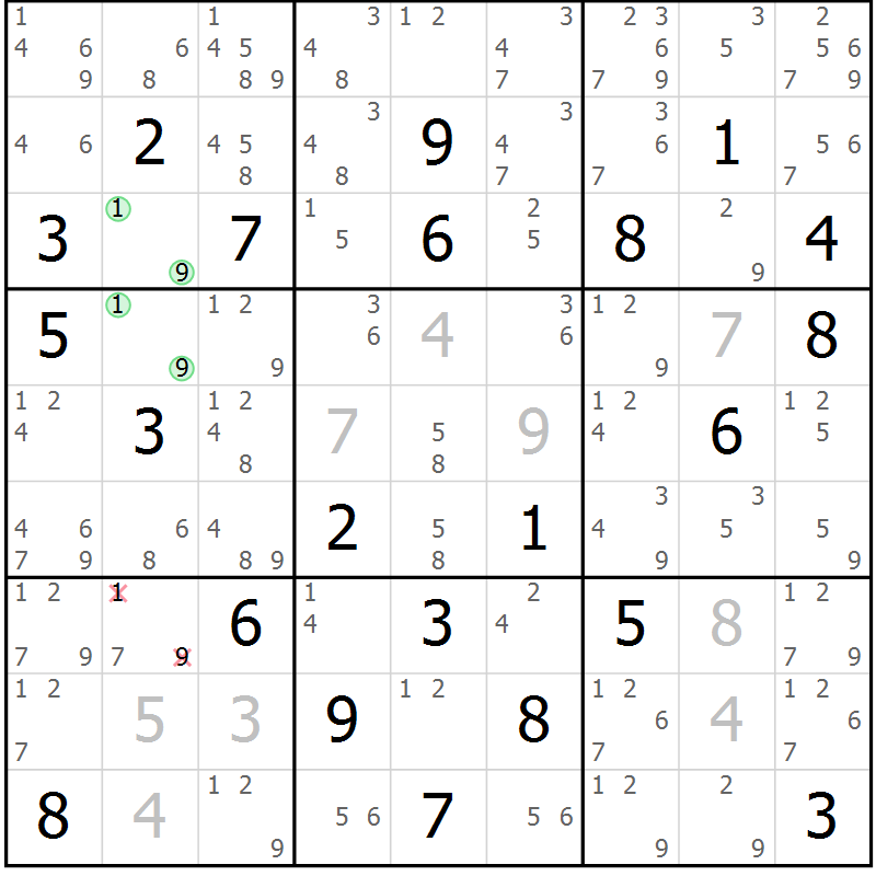 Position des candidats pour la solution de la Gr 7 page 10 du magazine de sudoku Maestro n° 099