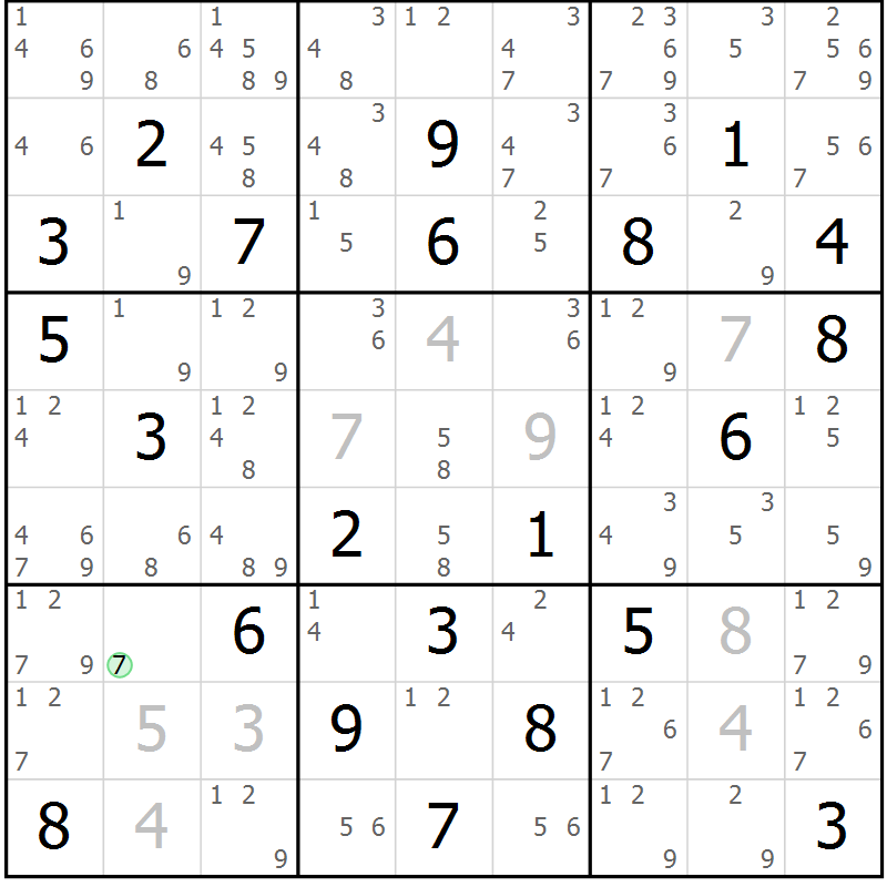 Position des candidats pour la solution de la Gr 7 page 10 du magazine de sudoku Maestro n° 099