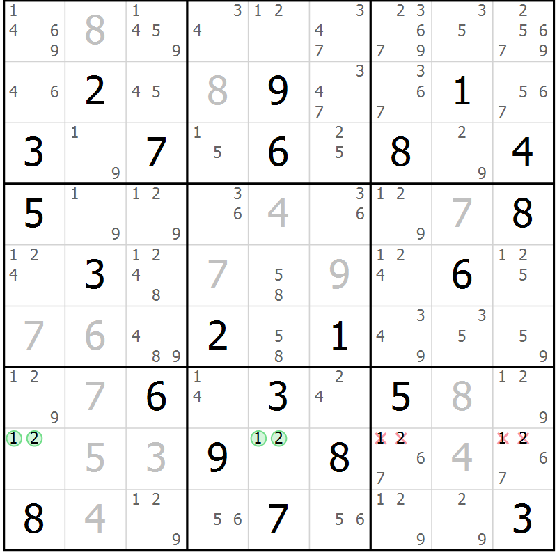 Position des candidats pour la solution de la Gr 7 page 10 du magazine de sudoku Maestro n° 099
