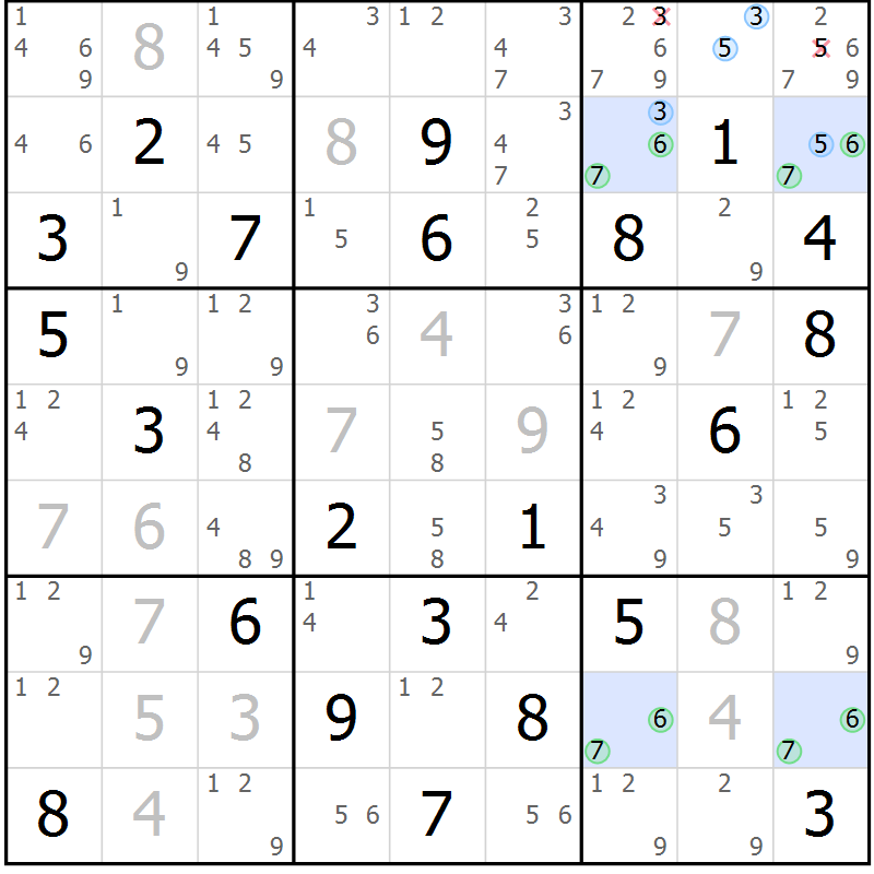 Position des candidats pour la solution de la Gr 7 page 10 du magazine de sudoku Maestro n° 099