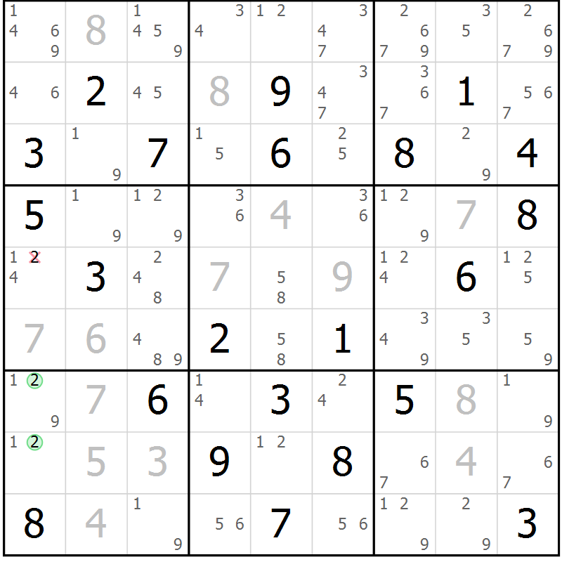 Position des candidats pour la solution de la Gr 7 page 10 du magazine de sudoku Maestro n° 099