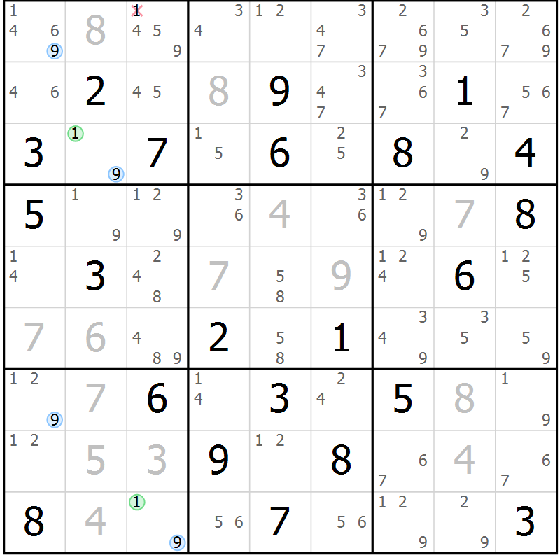 Position des candidats pour la solution de la Gr 7 page 10 du magazine de sudoku Maestro n° 099