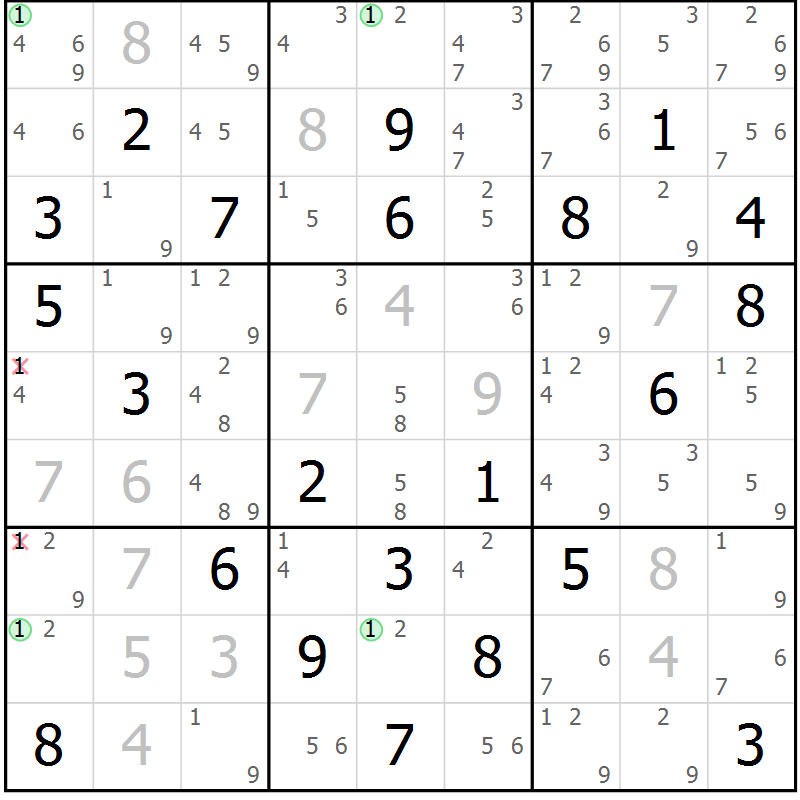 Position des candidats pour la solution de la Gr 7 page 10 du magazine de sudoku Maestro n° 099