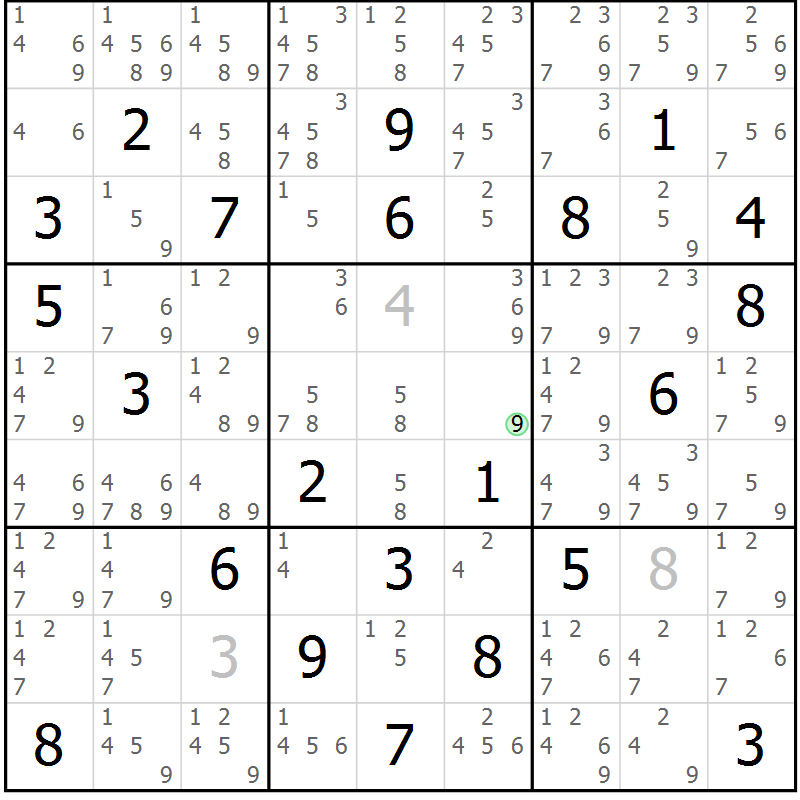 Position des candidats pour la solution de la Gr 7 page 10 du magazine de sudoku Maestro n° 099