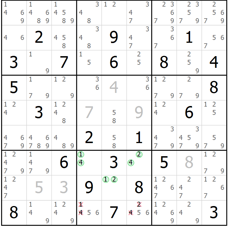 Position des candidats pour la solution de la Gr 7 page 10 du magazine de sudoku Maestro n° 099