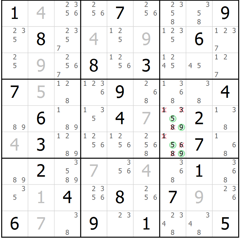Position des candidats pour la solution de la Gr 70 page 73 du magazine de sudoku Maestro n° 099