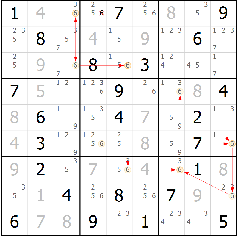 Position des candidats pour la solution de la Gr 70 page 73 du magazine de sudoku Maestro n° 099