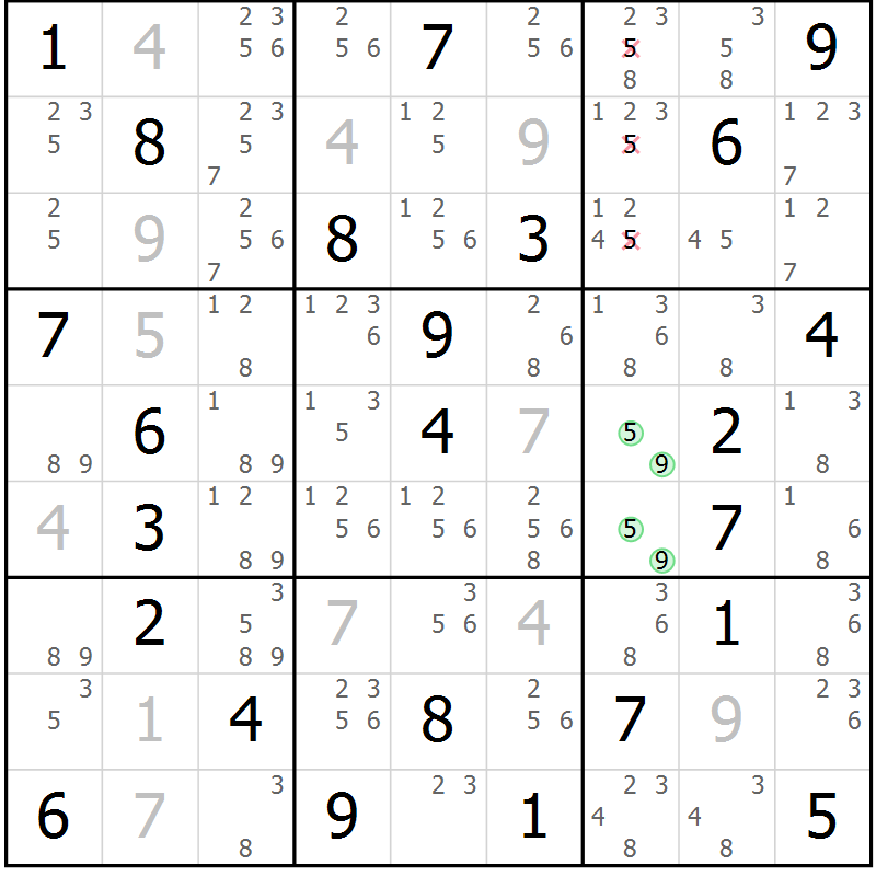 Position des candidats pour la solution de la Gr 70 page 73 du magazine de sudoku Maestro n° 099