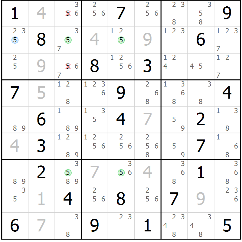 Position des candidats pour la solution de la Gr 70 page 73 du magazine de sudoku Maestro n° 099