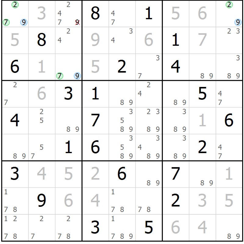 Position des candidats pour la solution de la Gr 71 page 74 du magazine de sudoku Maestro n° 099