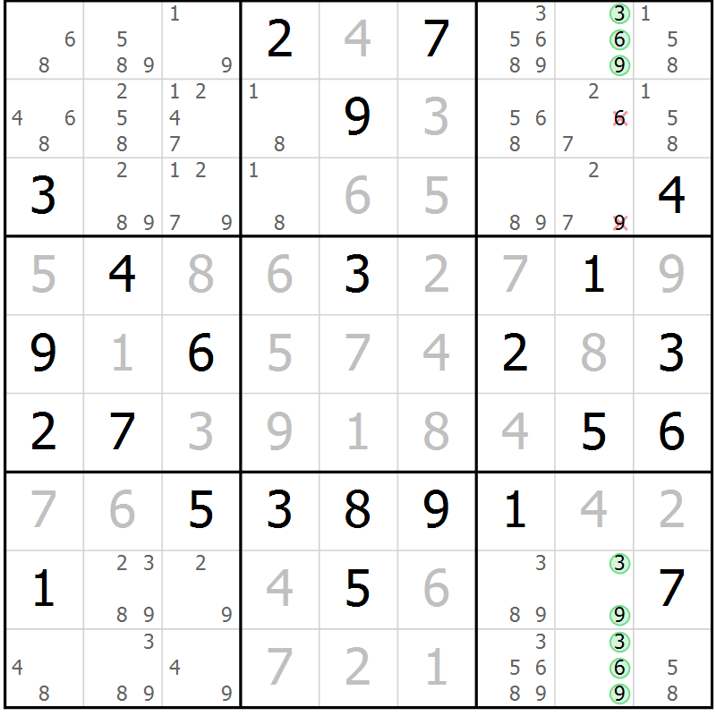 Position des candidats pour la solution de la Gr 72 page 75 du magazine de sudoku Maestro n° 099