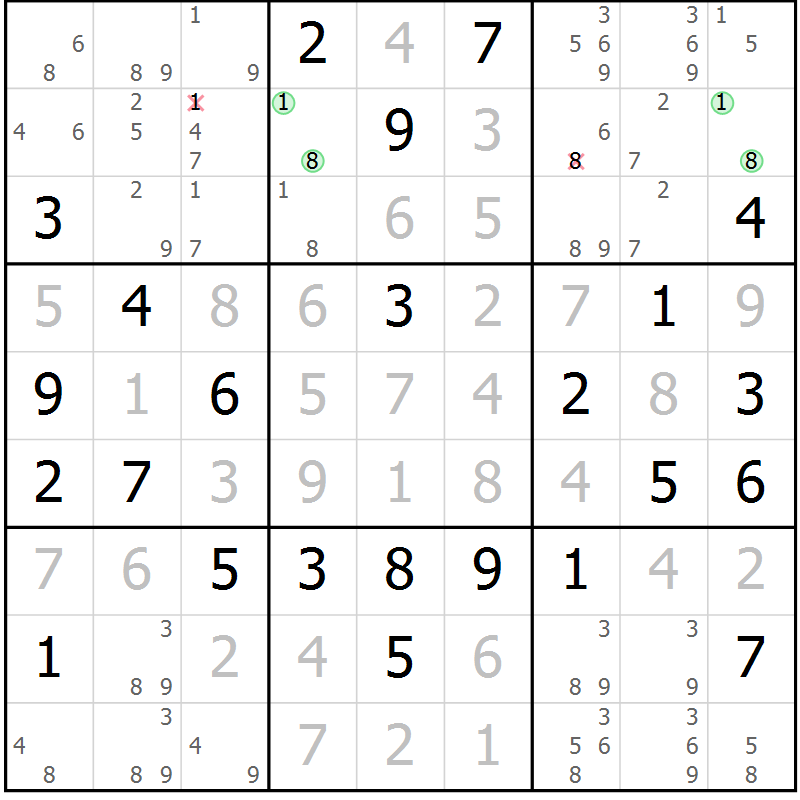 Position des candidats pour la solution de la Gr 72 page 75 du magazine de sudoku Maestro n° 099
