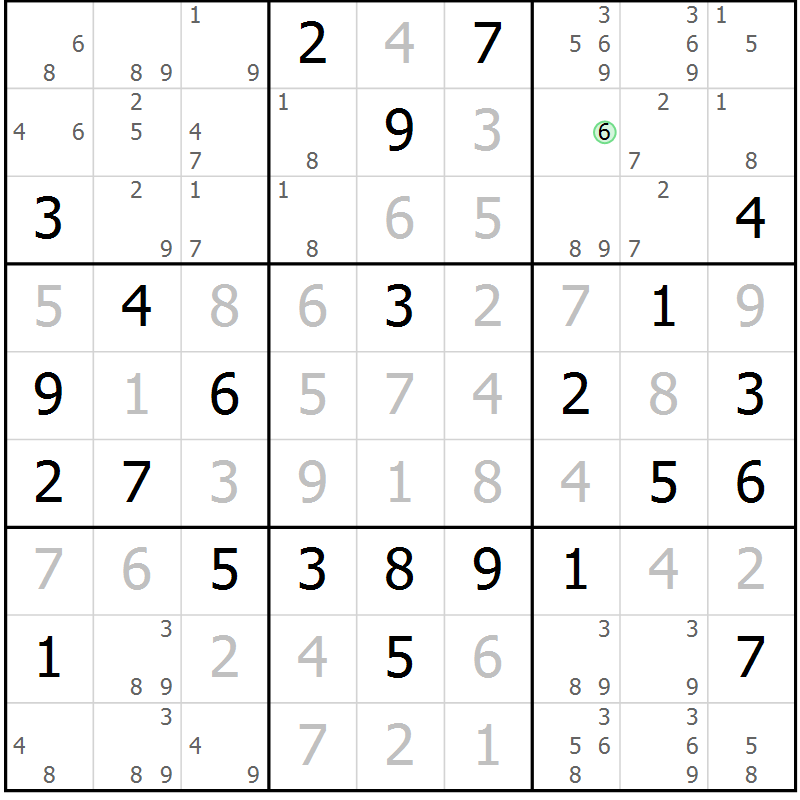 Position des candidats pour la solution de la Gr 72 page 75 du magazine de sudoku Maestro n° 099