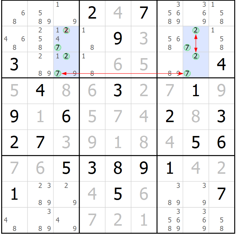 Position des candidats pour la solution de la Gr 72 page 75 du magazine de sudoku Maestro n° 099