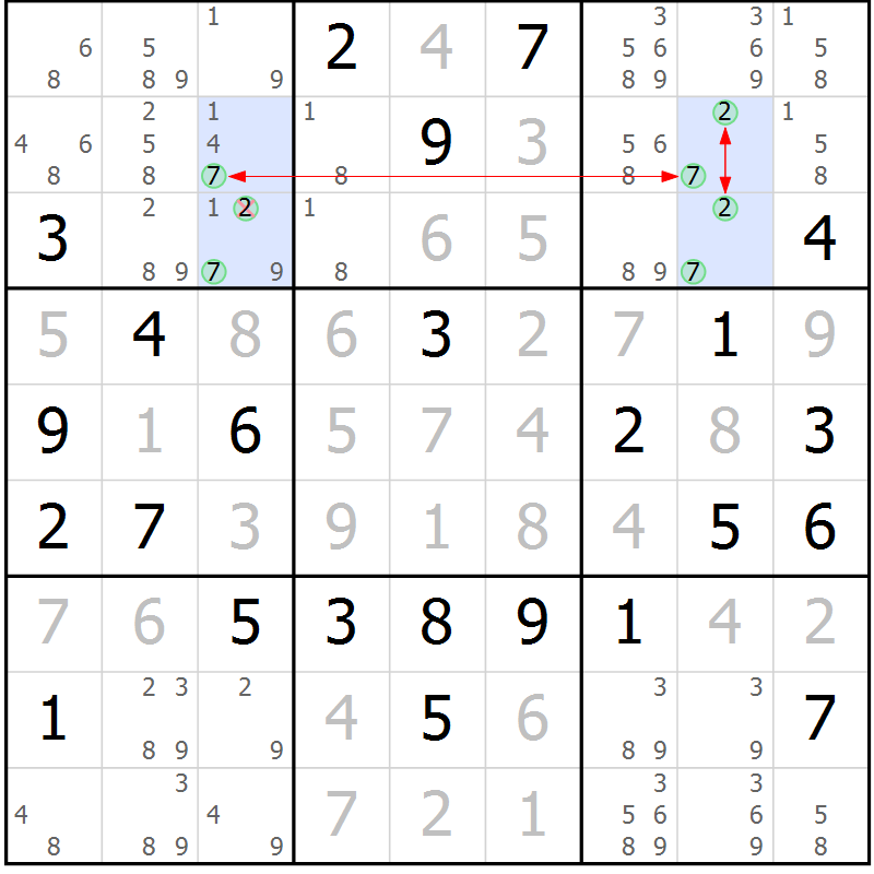 Position des candidats pour la solution de la Gr 72 page 75 du magazine de sudoku Maestro n° 099