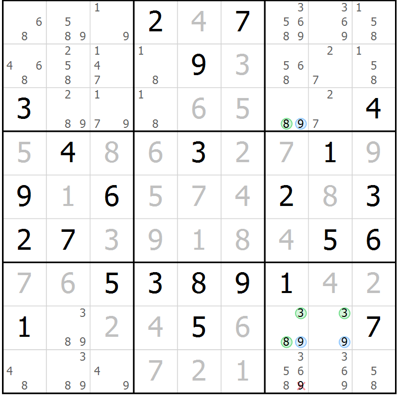 Position des candidats pour la solution de la Gr 72 page 75 du magazine de sudoku Maestro n° 099