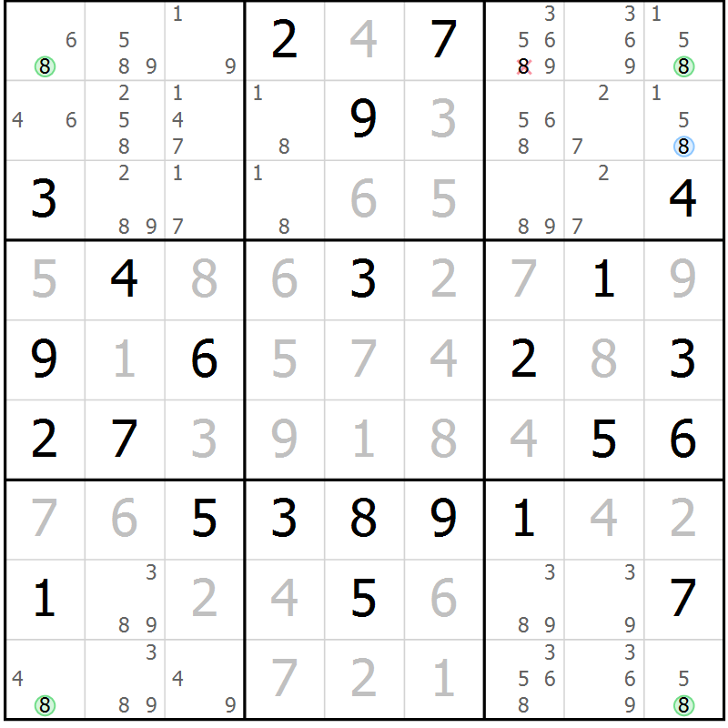 Position des candidats pour la solution de la Gr 72 page 75 du magazine de sudoku Maestro n° 099