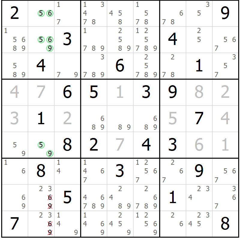 Position des candidats pour la solution de la Gr 73 page 76 du magazine de sudoku Maestro n° 099